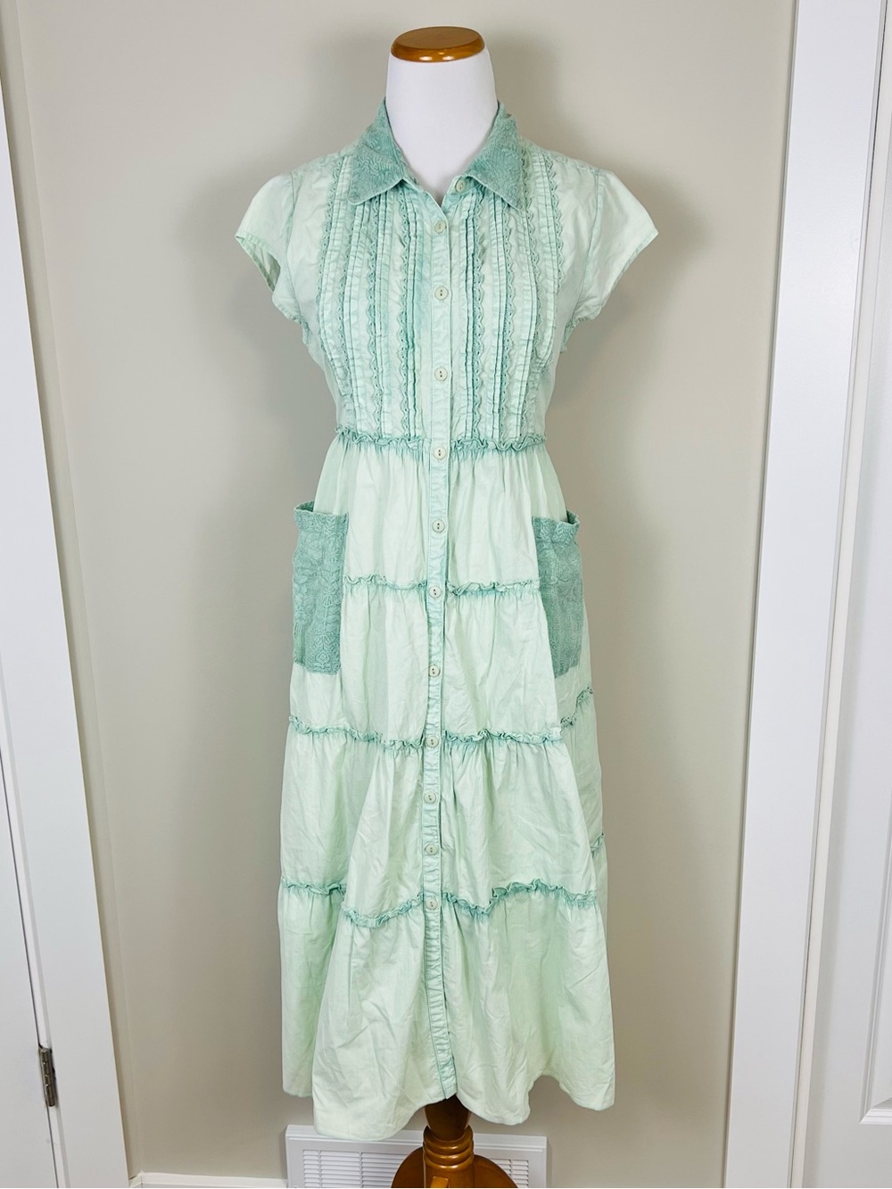 April Cornell Mint Green Tiered Button-Front Maxi Dress